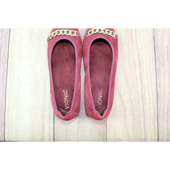 Vionic Red Suede Gold Chain Spark Pera Embellished Ballet Flats 6 Wide - Picture 6 of 9